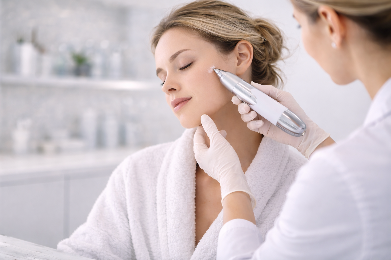 A doctor carefully applying Cryosonic Treatment to a patient's skin, demonstrating the precision and care that defines the approach.